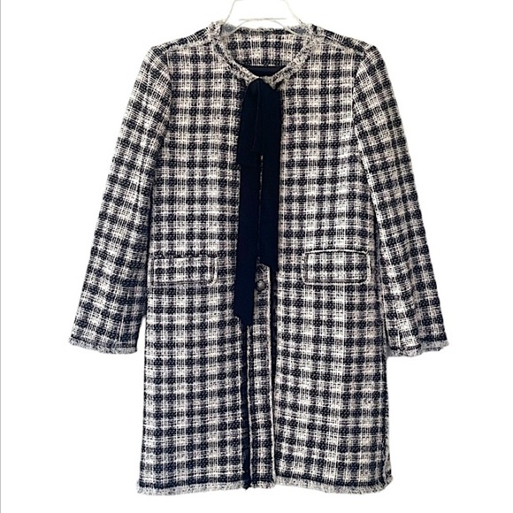 ZARA Check Tweed Frayed Coat With Bow Detail - Picture 3 of 6